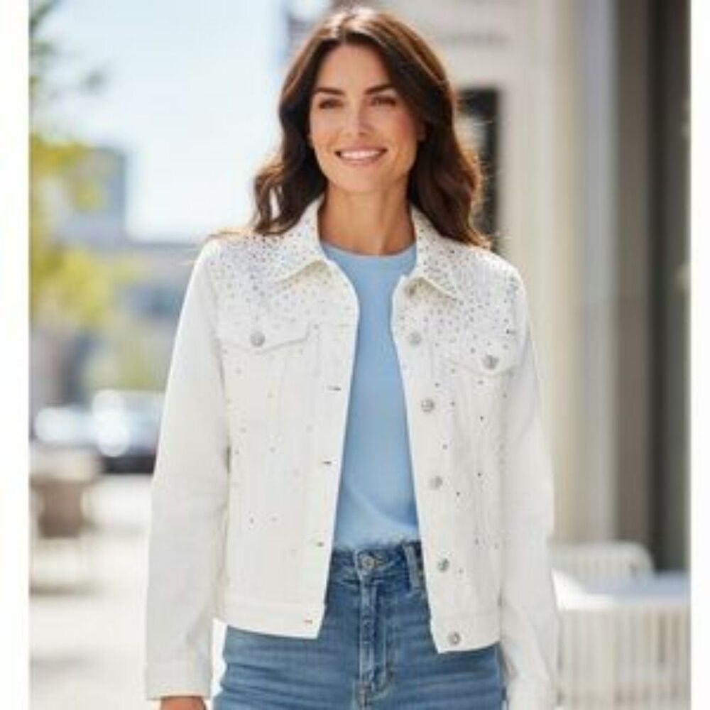 VTG CHRISTINE ALEXANDER OFF WHITE & CRYSTALS TRUCKER STYLE DENIM JACKET MEDIUM